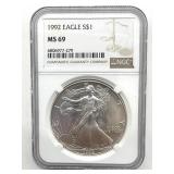 1992 American Silver Eagle, NGC Graded MS 69