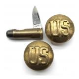 United Bullet Knife and Brass US Army Pins -