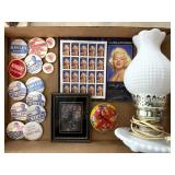 Milk Glass Electric Lamp, Marilyn Monroe Stamps,