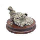 Vintage Pewter Ruffled Grouse Statue on Wood Base