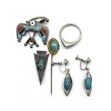 Unmarked Turquoise Stone Pins, Ring, and Clip-On