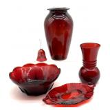 Ruby Red Glass Vases, Bowl, Handled Dish, Fenton