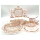 Pink Depressuon Glass Platters, Biscuit Jar,
