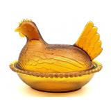 Vintage Amber Glass Hen on Nest Dish 7' x 5.5' x