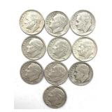 (10) Silver Roosevelt Dimes : 1947-64