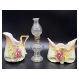 Miniature Glass Oil Lamp 7" and Creamer &