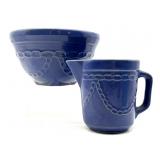 Antique Blue Crock Bowl and Matching Pitcher -