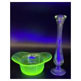 Vintage Uranium Glass Bowl and Bud Vase - Bud