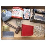 Wood Gavel, Glass Flower Frogs, Sad Iron, and
