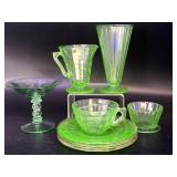 Vintage Uranium Glass Gold-Rimmed Saucers, Cups,