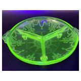 Vintage Uranium Glass Footed Divided Dish 8.5" x