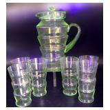 Vintage Uranium Glass Lidded Pitcher and (6)