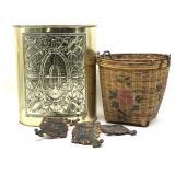 Vintage Metal Waste Basket, Wicker Basket, and