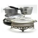 Vintage Glass Serving Dish with Metal Holder,