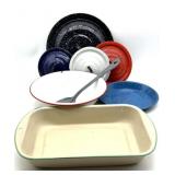 Vintage Enamelware Bowl, Pan, Serving Spoon, and