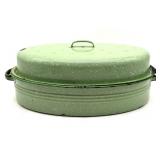 Vintage Speckled Light Green Enamel Roaster 16" x