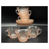 Pink Depression Glass Cups, Saucers, Creamer, and