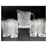 Tiara Ponderosa Pinecone Glass Pitcher and (8)