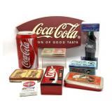 Coca-Cola Sign, Tins, Playing Cards, Radio, and