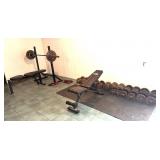 Weight Rack, Bar, Weights, Dumbells, and (2)