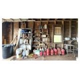 Rain Train Lawn Sprinkler, Metal Shelf, Gas Cans,