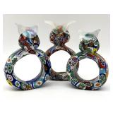 (3) Millefiori Murano Art Glass Owl Napkin Rings