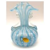 Latticino Murano Art Glass Handled Vase 5.5' Tall
