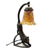 Art Glass Shade on Cat Shaped Metal Lamp Base 15'