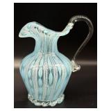 Latticino Murano Art Glass Blue Pitcher 5.25'