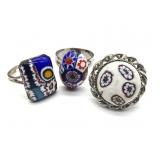 (3) Millefiori Art Glass Adjustable Rings -