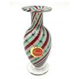 Latticino Murano Art Glass Red & Green Small Vase