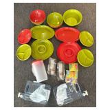 Green and Red Serving Trays, Plastic Pitcher, and