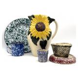 Vintage Sunflower Ceramic Pitcher, Enamelware Cup