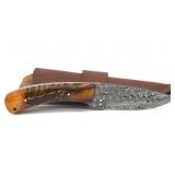 Handmade Custom Damascus Blade Knife with Leather