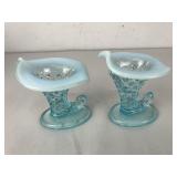 2 Fenton Blue Opalescent Hobnail Cornucopia