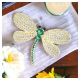 Elegant Vintage Dragonfly Brooch Emerald Color