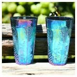 Two Electric Cobalt Blue Carnival Glass Tumblers