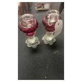 Pair of signed Rossi cranberry candleholders