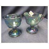 Blue carnival glass sugar set