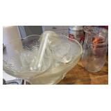 Punch bowl, cups, spoons, pitcher