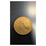 Greek 50 Drachmai coin minted in 1988.