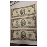 3 X sequential 1995 U.S 2 dollar bank notes
