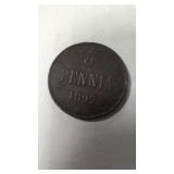 1897 Finland 5 Penniï¿½ copper coin.