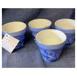4 vintage blue & white plant pots