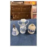 Blue/ white vases and bell