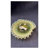 Opalescent Vaseline glass ruffled dish