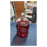Cranberry etched glass candy jar