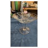 floral-etched clear glass pedestal dish