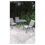 Patio table 4 chairs and umbrella stand