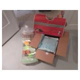floss sewing bag with needles and box of items